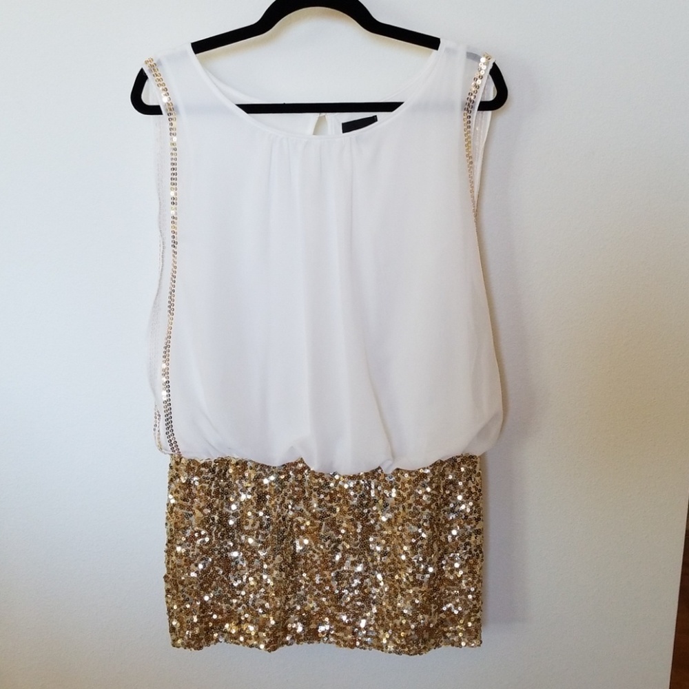 White and Gold Sequin Mini Dress